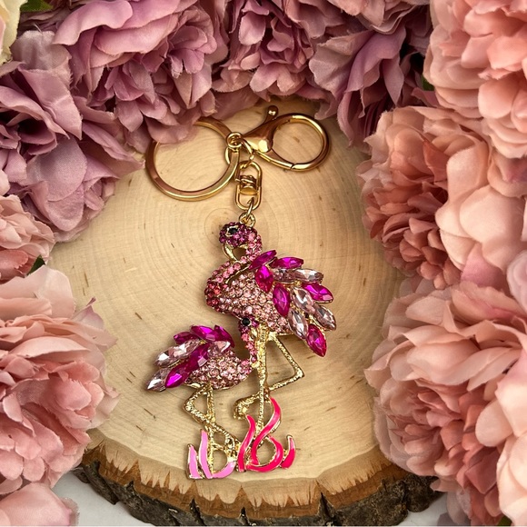 Whimsical Mother Baby Pink Crystal Flamingo Keychain Charm - Picture 10 of 16